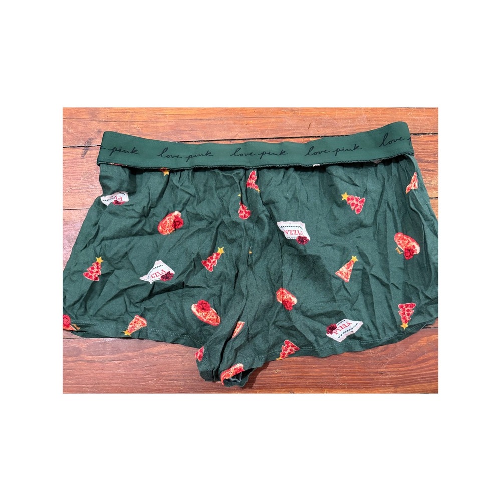 Victoria's Secret PINK‎ Christmas Pizza Sleep Shorts Green Womens Medium Pajamas